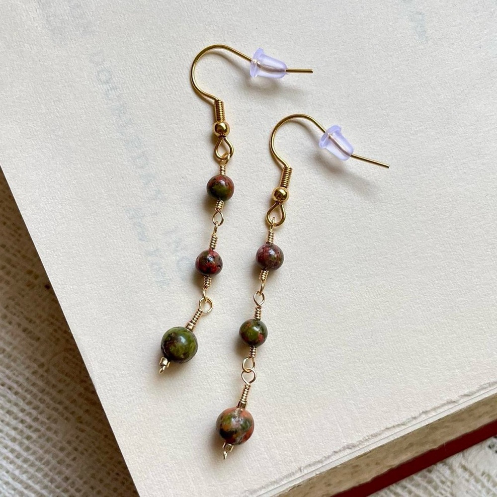 Handmade boho whimsigoth unakite dangle earrings